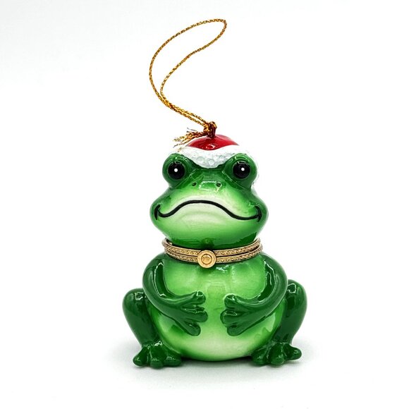 Frog Santa Hat Porcelain Hinged Surprise Gift Trinket Box Christmas Ornament - Picture 3 of 6